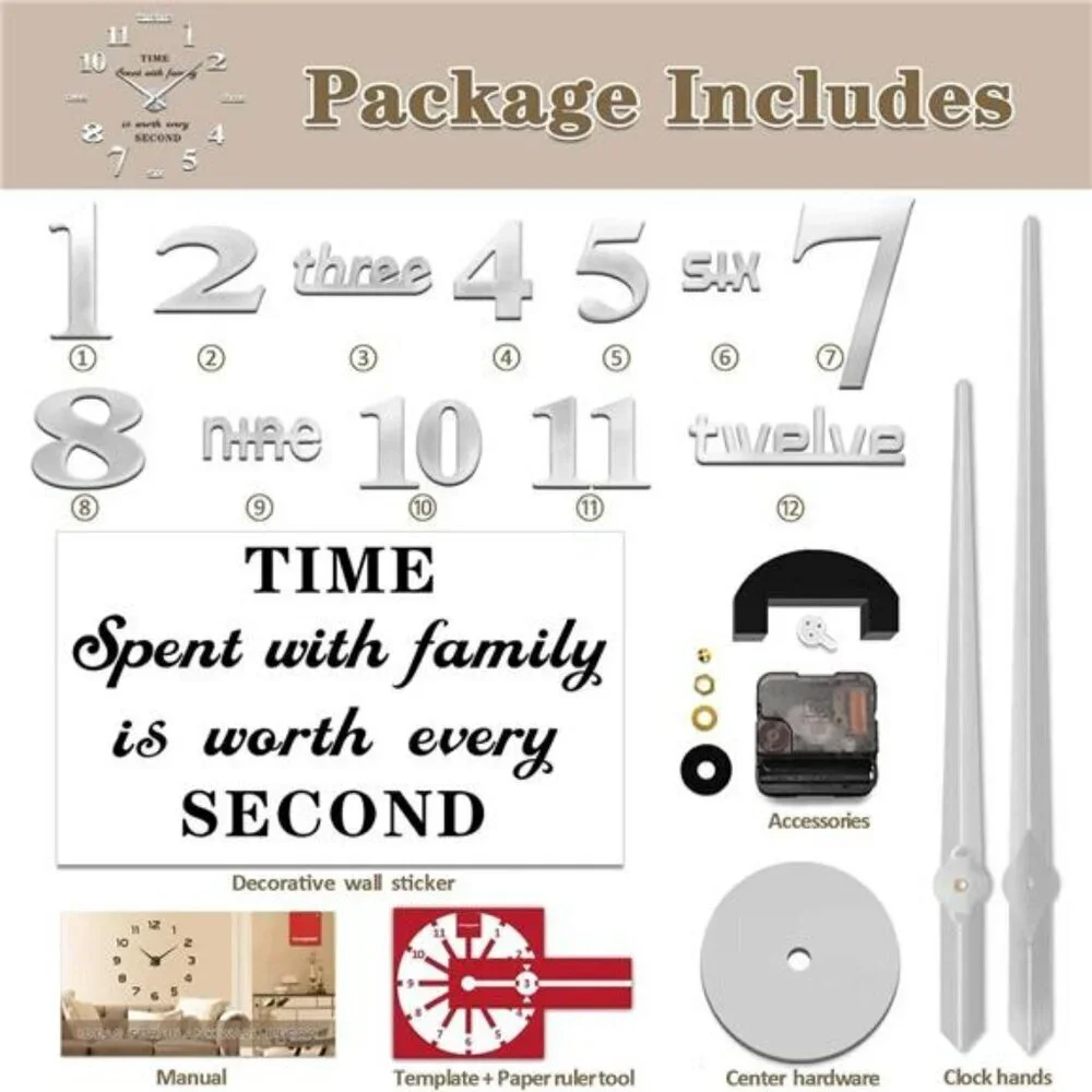 Large Wall Clocks for Living Room Decor DIY Wall Clock Modern 3D Wall Black